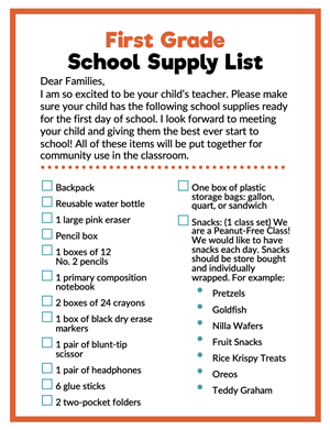 1st Grade Supply List